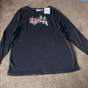Festive Black Holiday Graphic Long Sleeve Top